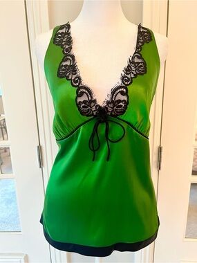 Banana Republic Emerald Green Silk & Black Lace Trim Camisole Top Sz 8